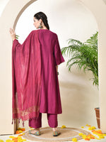 Thumbnail for Myshka Women's Embroidered Keyhole Neck Bell Sleeves Kurta & Palazzos With Dupatta Sets in Magenta Colour