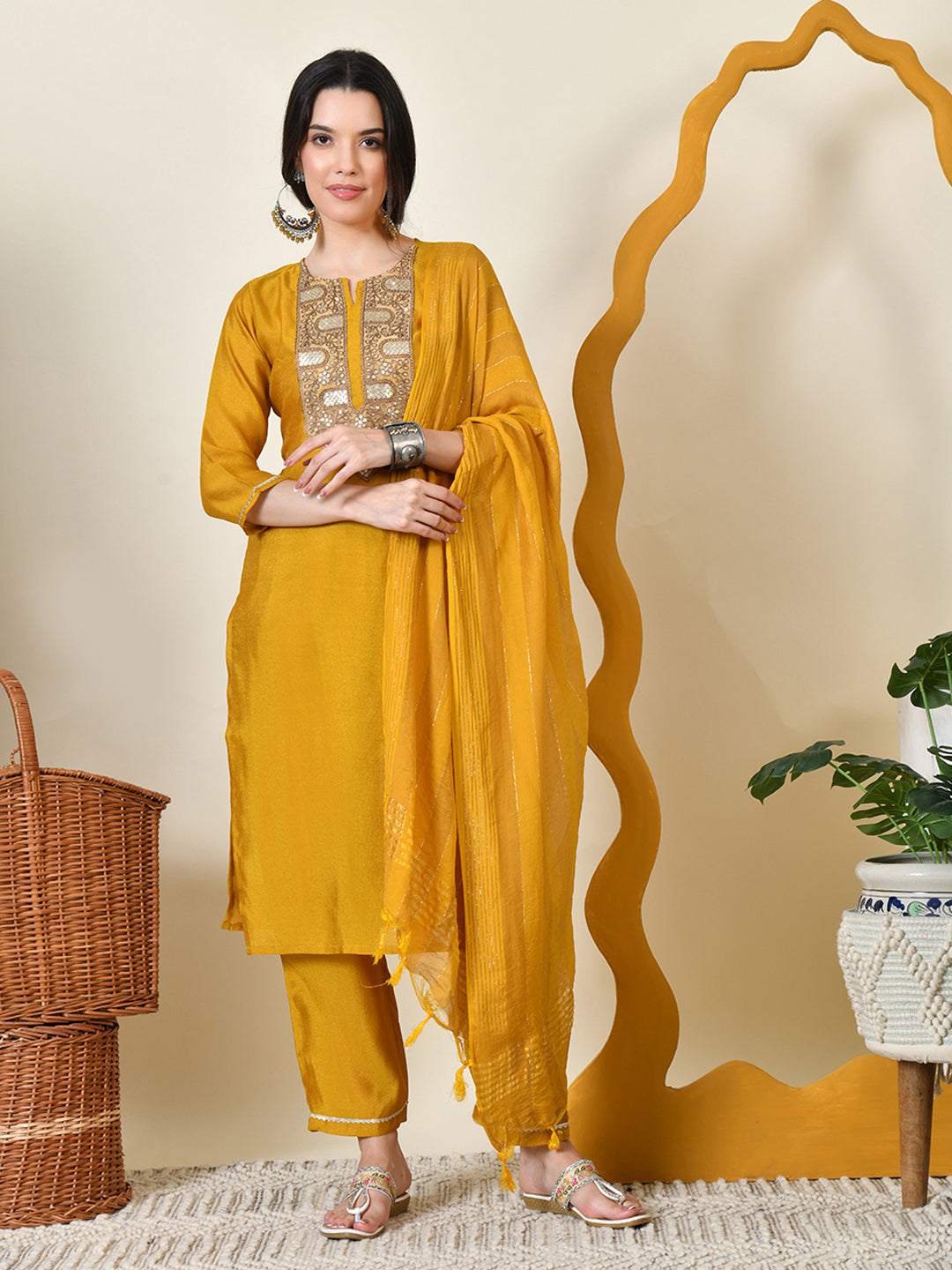 Myshka Women's Embroidered Keyhole Neck Bell Sleeves Kurta & Palazzos With Dupatta Sets in Yellow Colour - Distacart