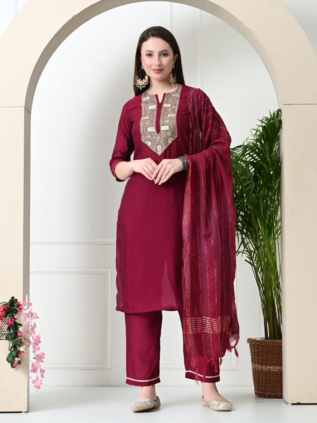 Myshka Women's Embroidered Keyhole Neck Bell Sleeves Kurta & Palazzos With Dupatta Sets in Magenta Colour - Distacart