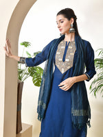 Thumbnail for Myshka Women's Embroidered Keyhole Neck Bell Sleeves Kurta & Palazzos With Dupatta Sets in Navy Blue Colour