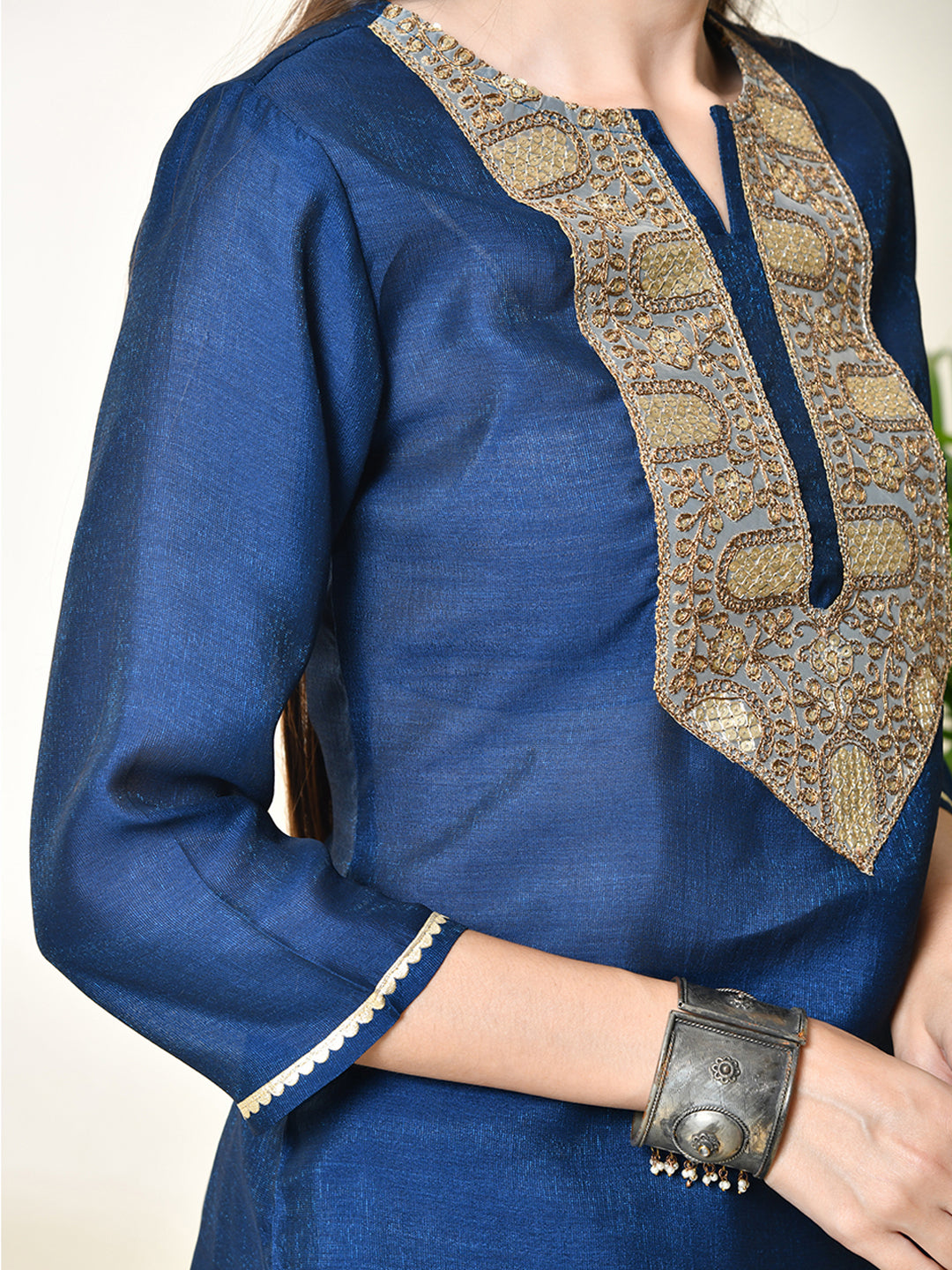 Myshka Women's Embroidered Keyhole Neck Bell Sleeves Kurta & Palazzos With Dupatta Sets in Navy Blue Colour - Distacart