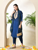 Thumbnail for Myshka Women's Embroidered Keyhole Neck Bell Sleeves Kurta & Palazzos With Dupatta Sets in Navy Blue Colour