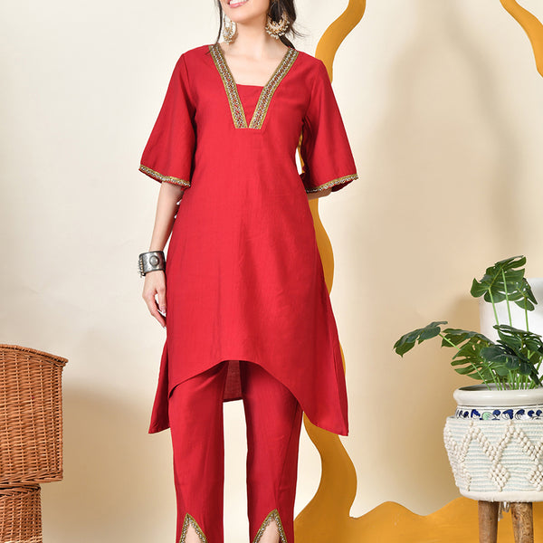 Myshka Women's Red Solid V-Neck Bell Sleeves Kurta & Dhoti Pants - Distacart
