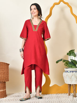 Myshka Women's Red Solid V-Neck Bell Sleeves Kurta & Dhoti Pants - Distacart