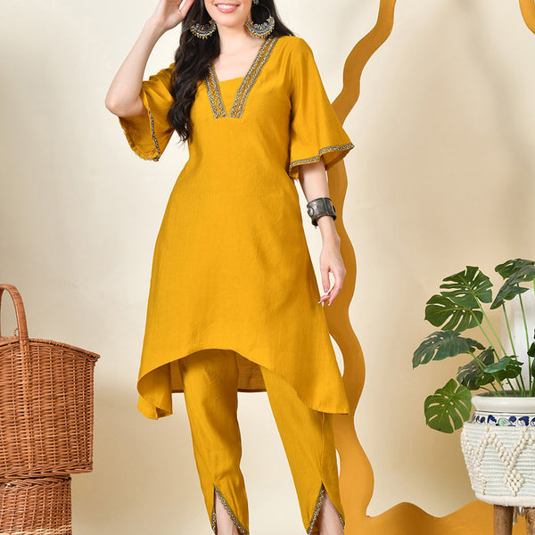 Myshka Women's Musterd Solid V-Neck Bell Sleeves Kurta & Dhoti Pants - Distacart