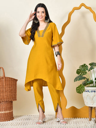 Myshka Women's Musterd Solid V-Neck Bell Sleeves Kurta & Dhoti Pants - Distacart