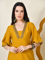 Thumbnail for Myshka Women's Musterd Solid V-Neck Bell Sleeves Kurta & Dhoti Pants