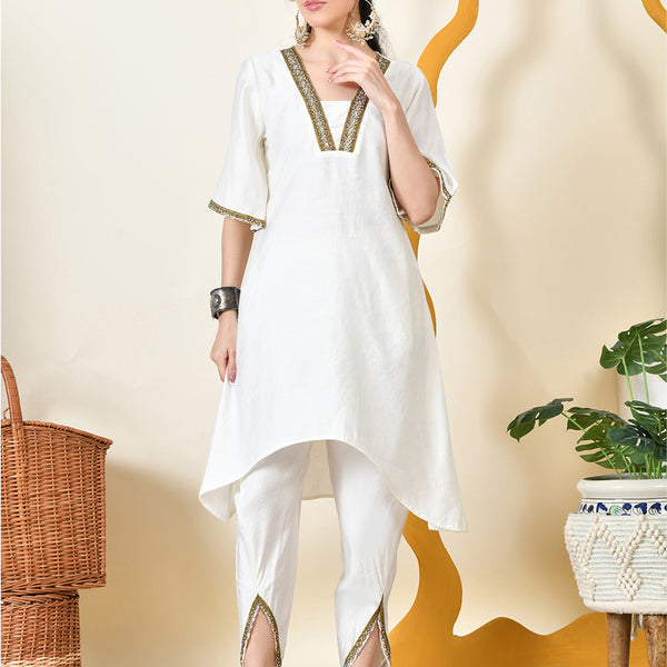 Myshka Women's White Solid V-Neck Bell Sleeves Kurta & Dhoti Pants - Distacart