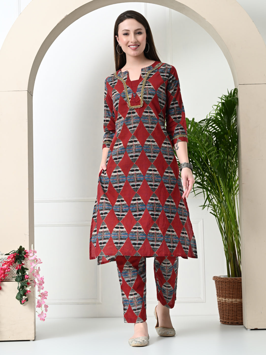 Myshka Women's Block Printed Cotton Straight Party Kurta Sets - Distacart