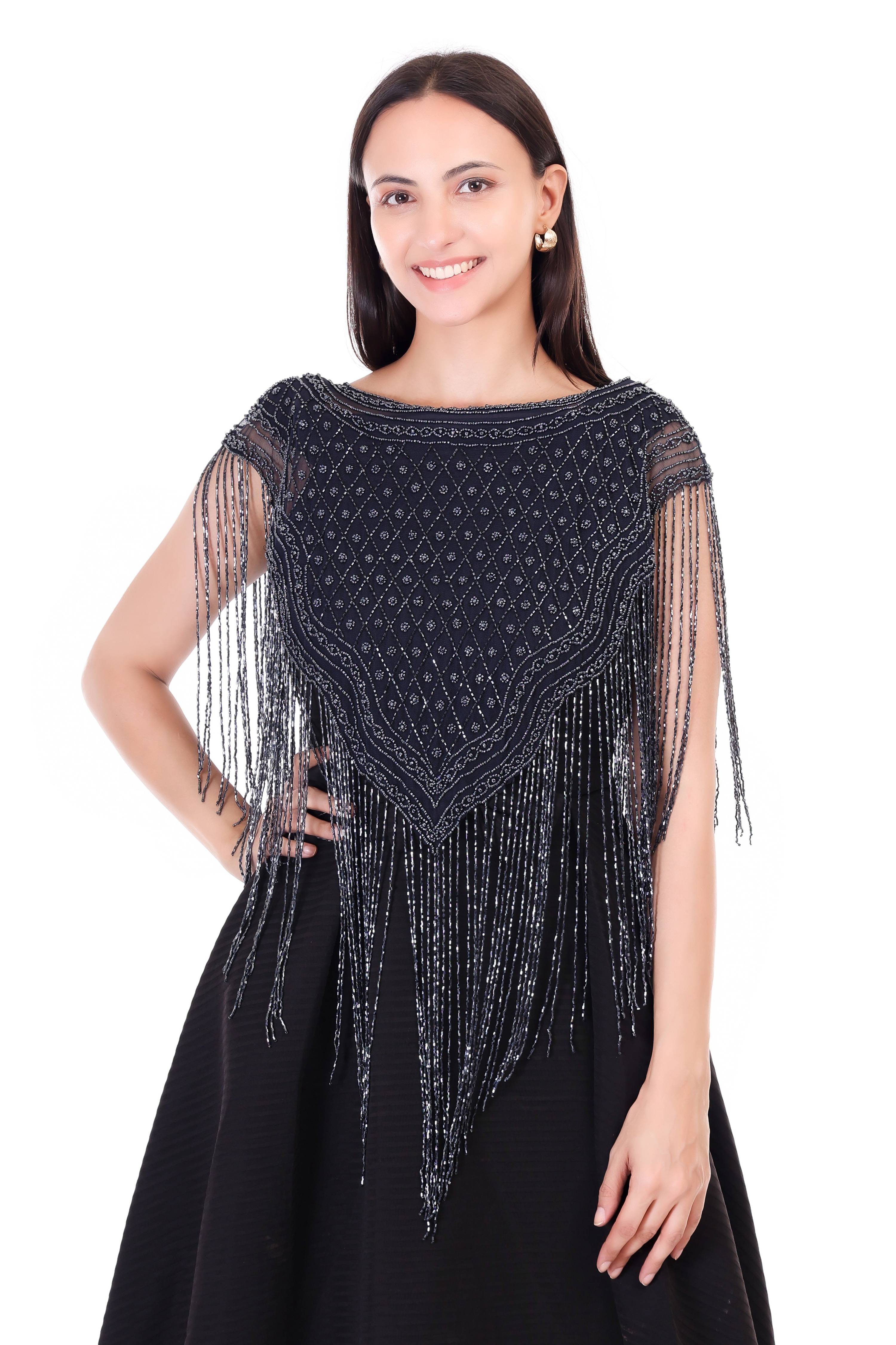Jaitra Apparels Beads Navy Blue Embroidered Net Poncho