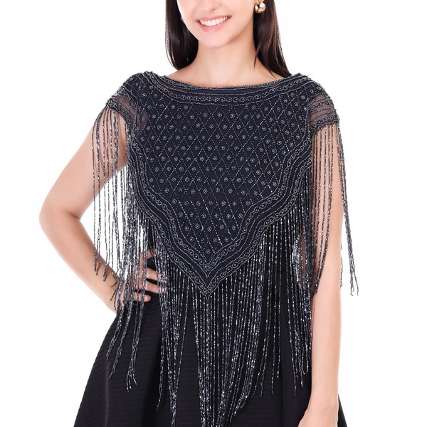 Jaitra Apparels Beads Navy Blue Embroidered Net Poncho