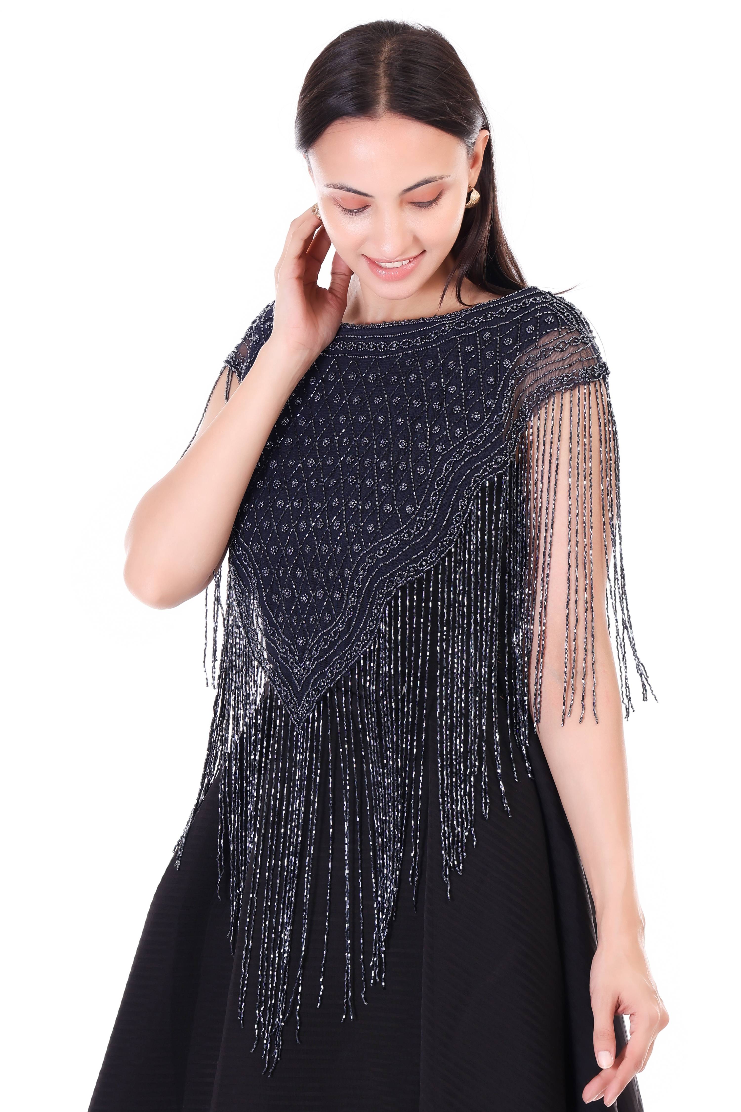 Jaitra Apparels Beads Navy Blue Embroidered Net Poncho