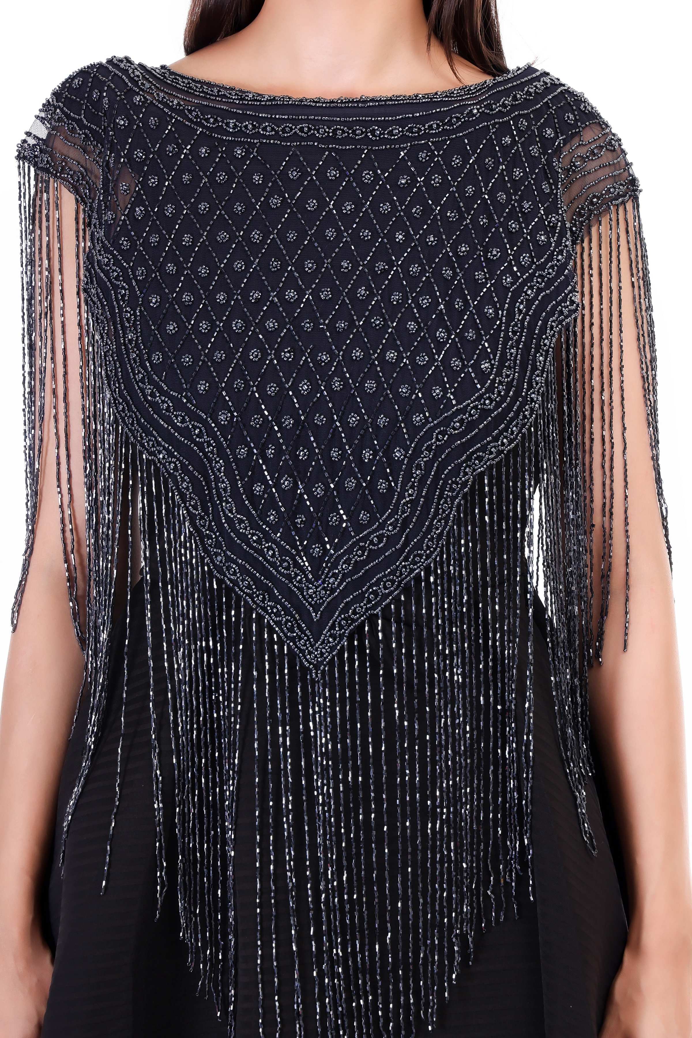 Jaitra Apparels Beads Navy Blue Embroidered Net Poncho