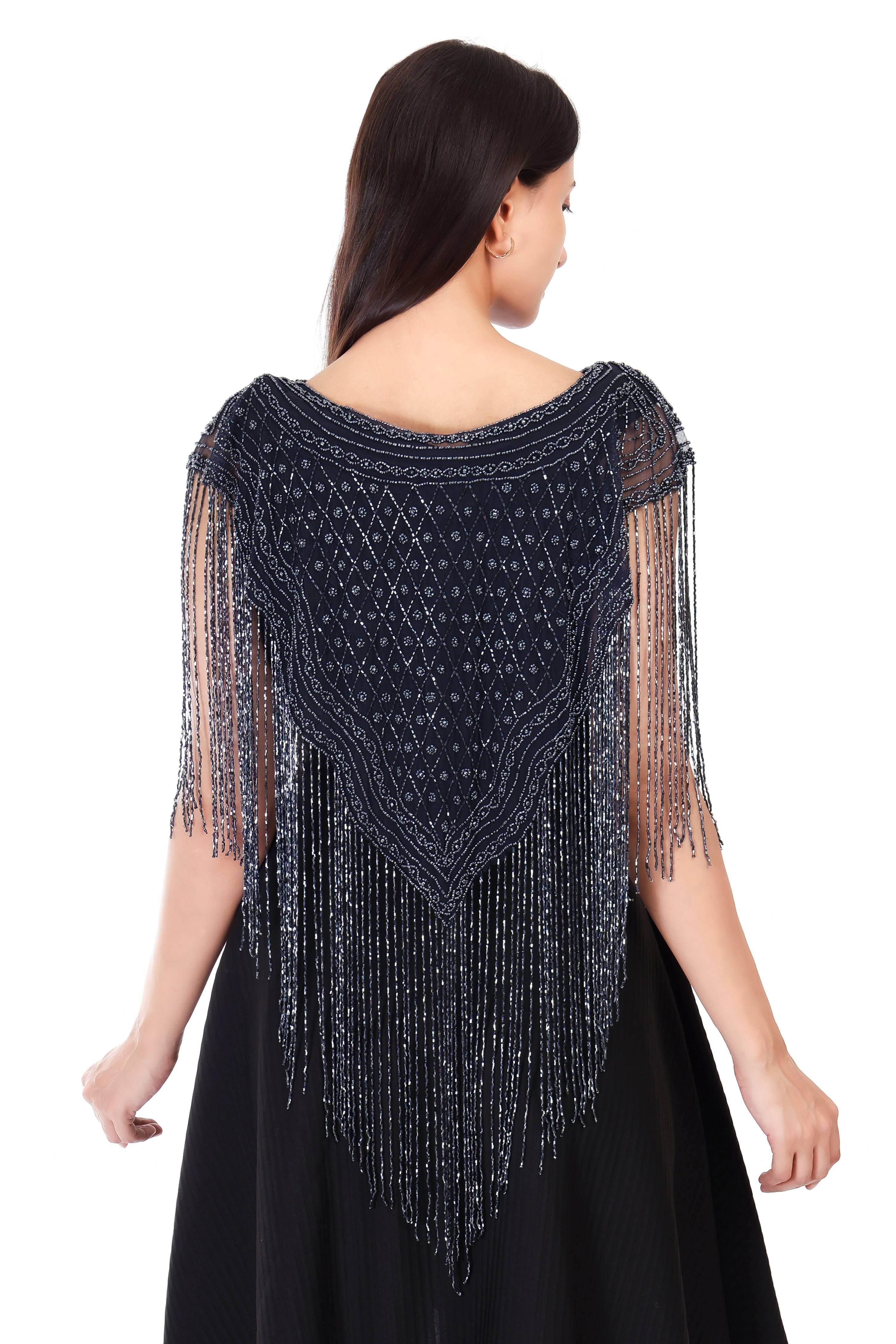 Jaitra Apparels Beads Navy Blue Embroidered Net Poncho