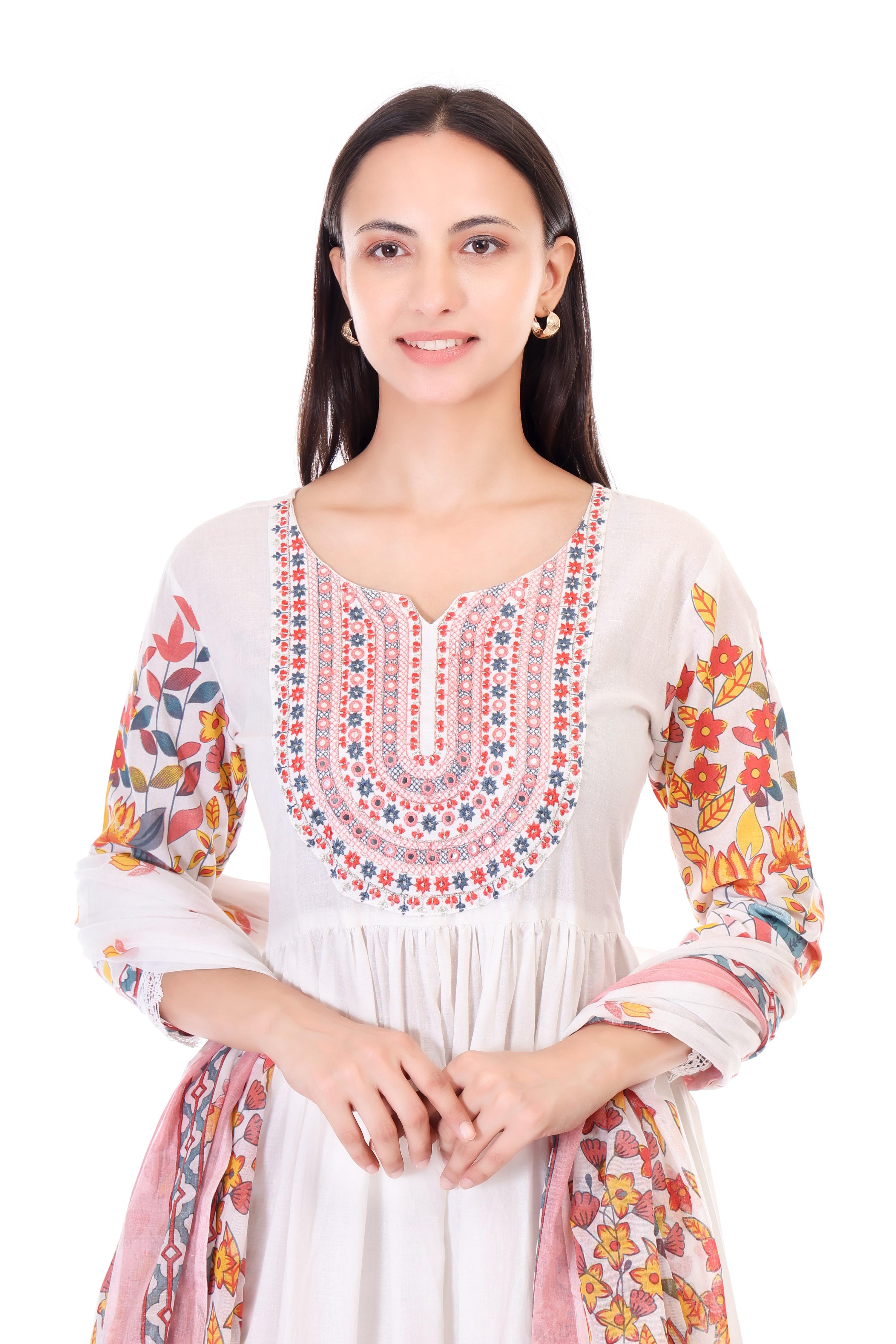 Jaitra Apparels Off White Embroidered Pure Cotton Kurta Set With Dupatta