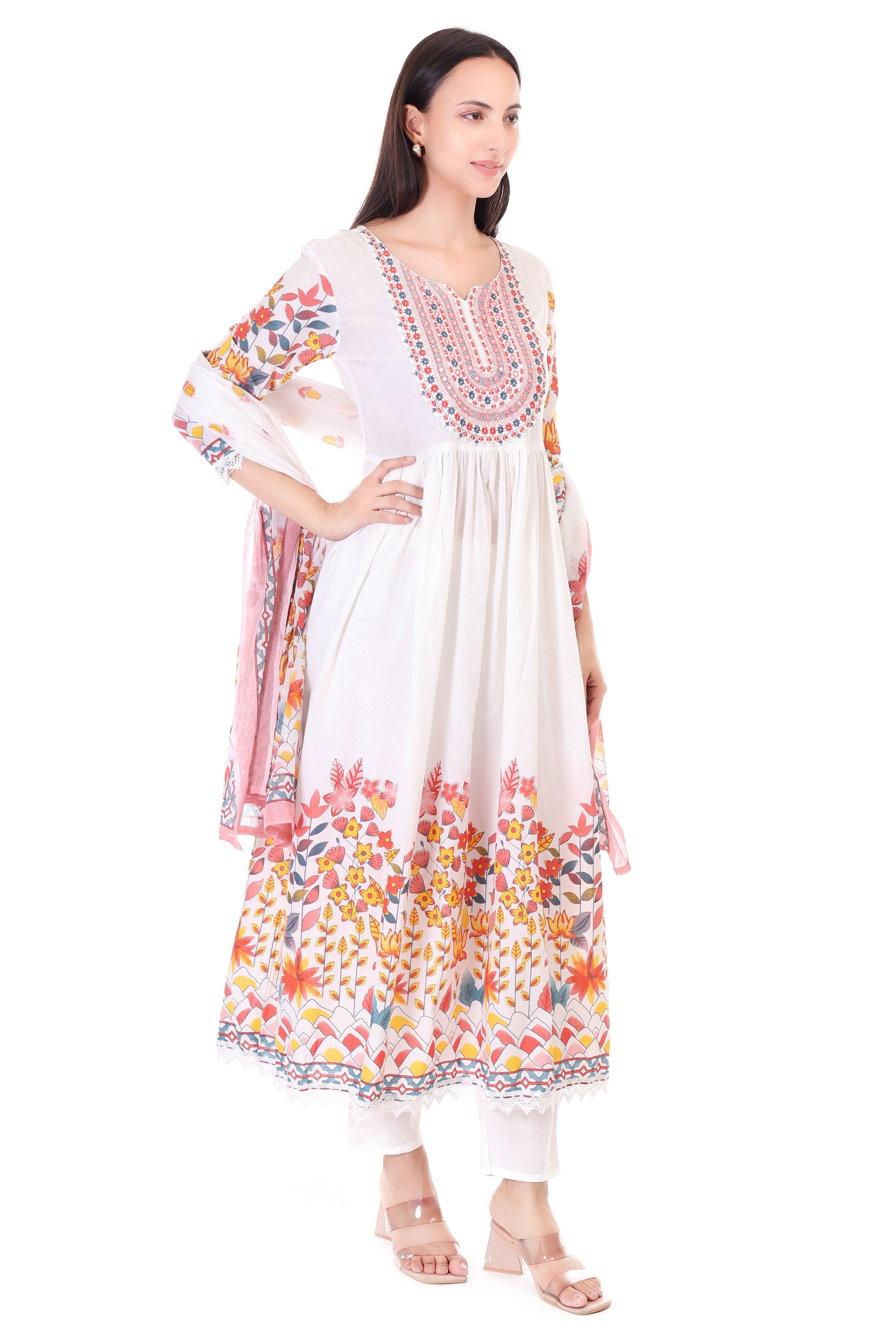 Jaitra Apparels Off White Embroidered Pure Cotton Kurta Set With Dupatta
