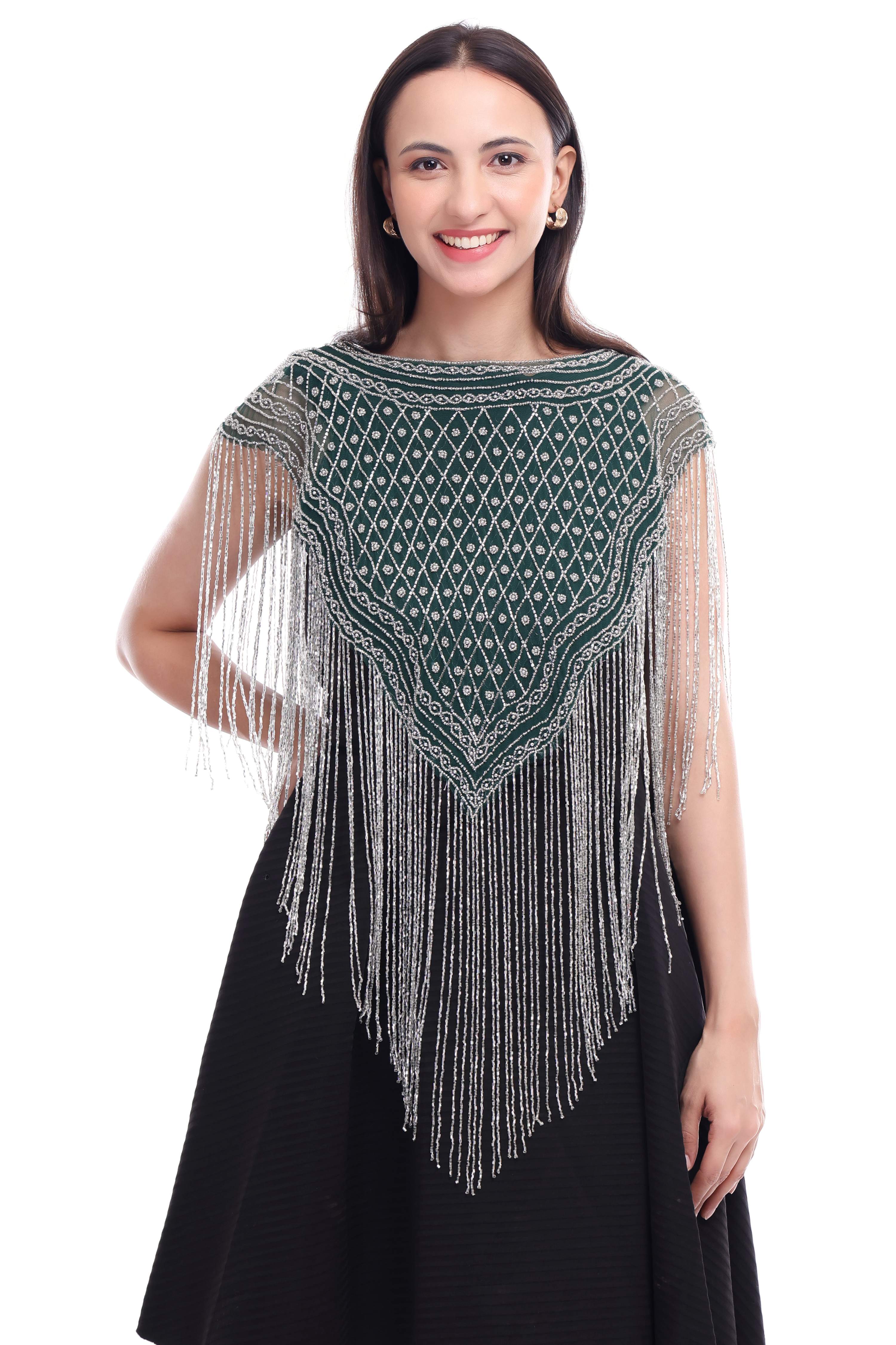 Jaitra Apparels Green Beads Embroidered Net Poncho