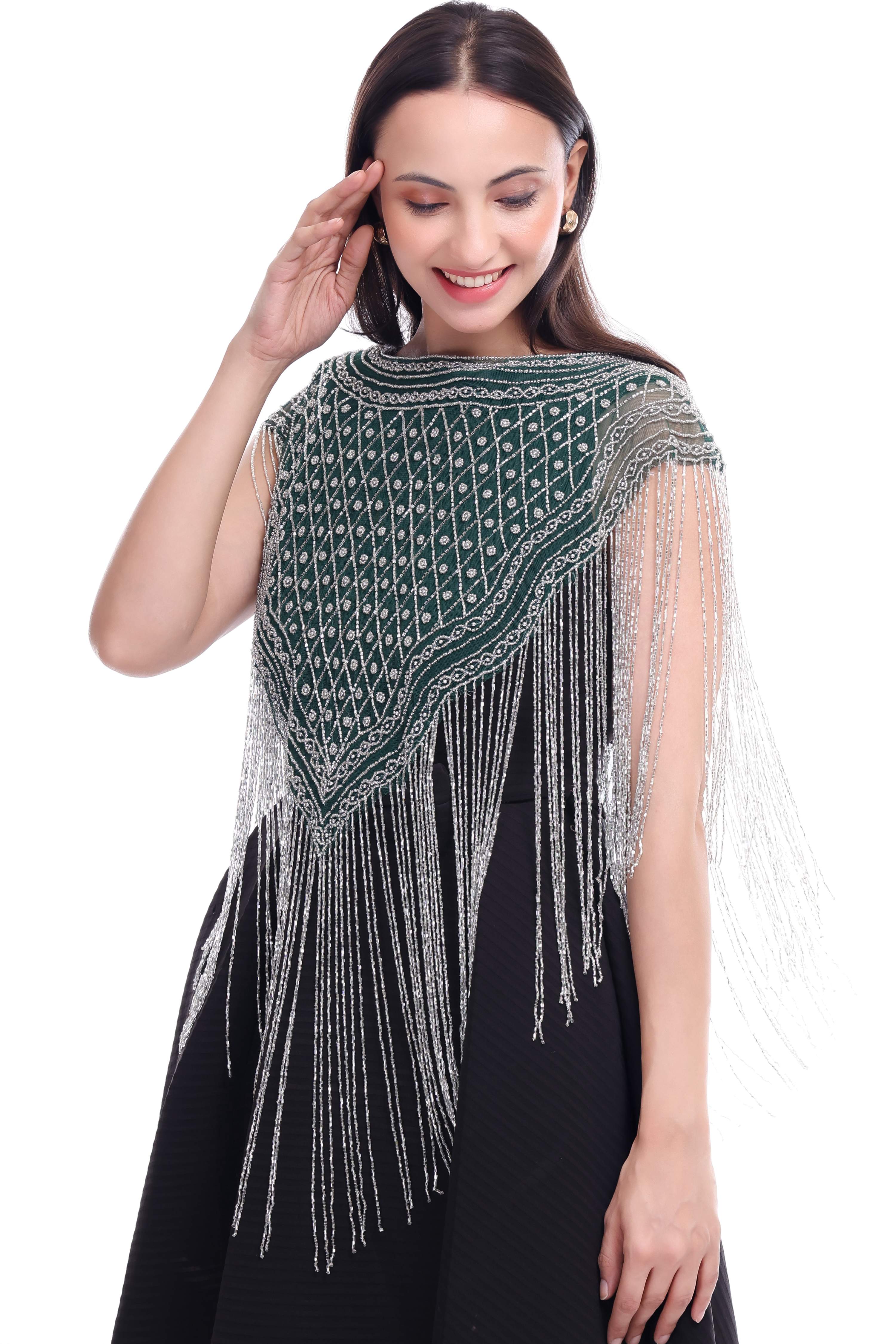 Jaitra Apparels Green Beads Embroidered Net Poncho