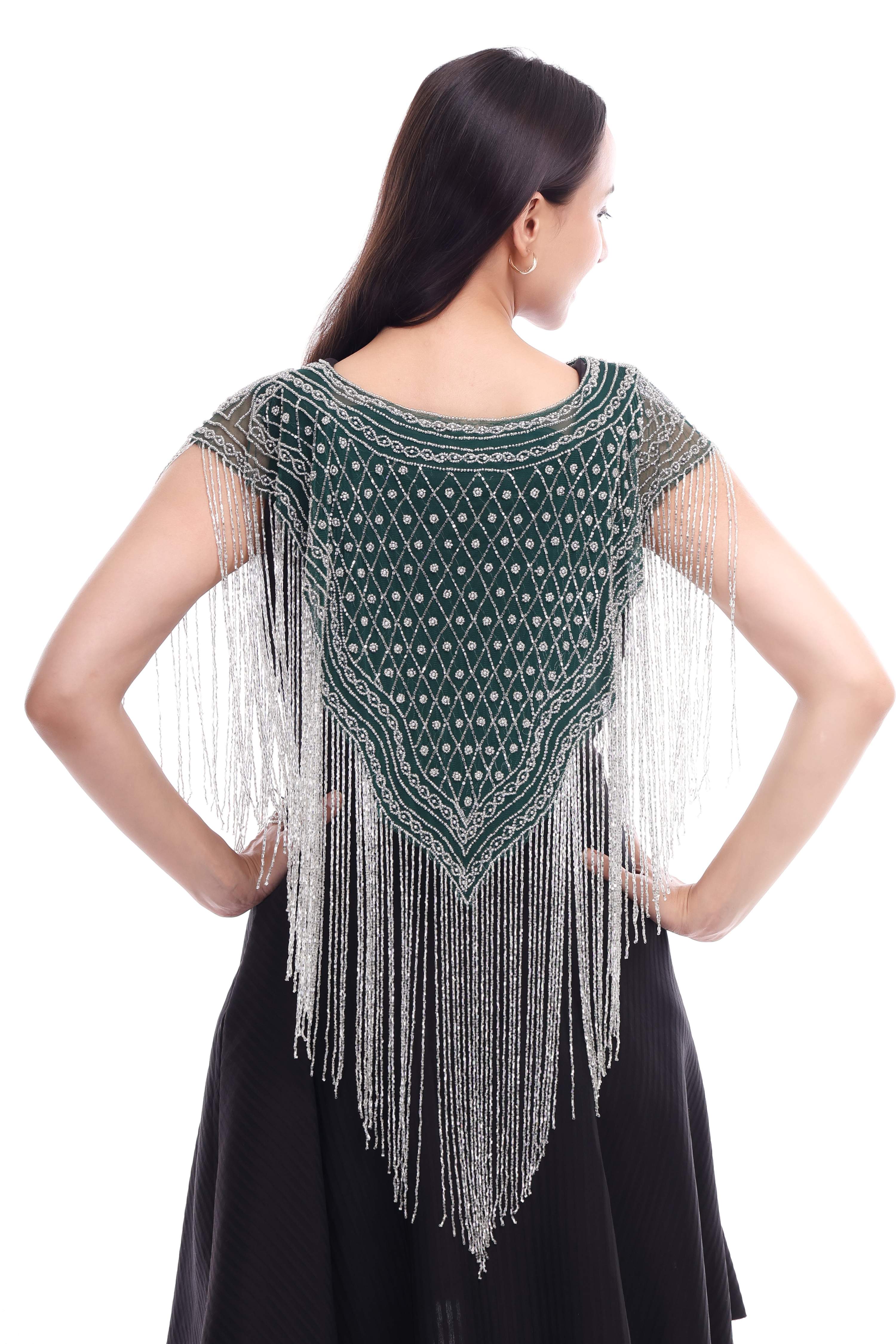 Jaitra Apparels Green Beads Embroidered Net Poncho