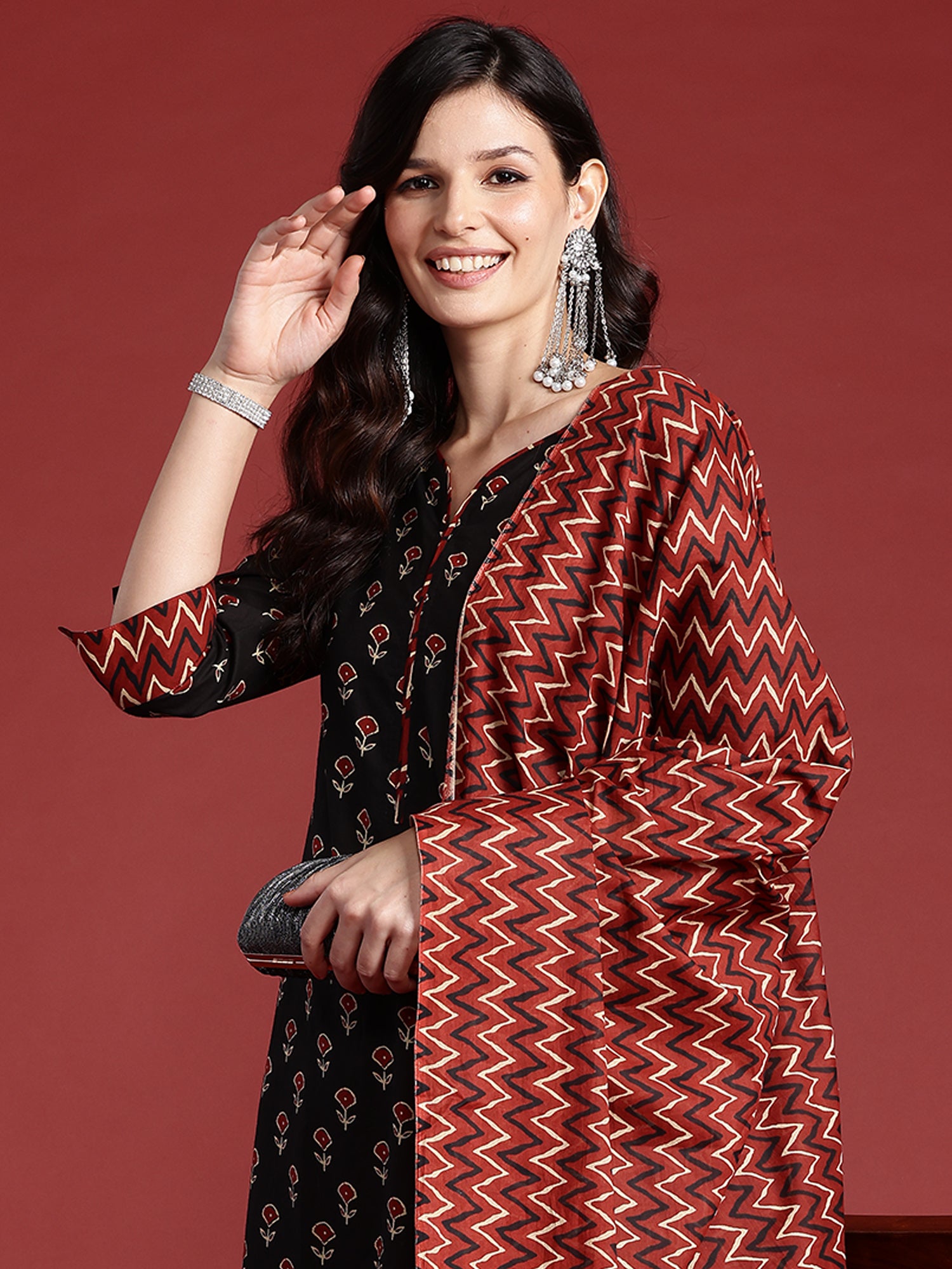 Indo Era Black Printed Straight Kurta Trousers With Dupatta set - Distacart