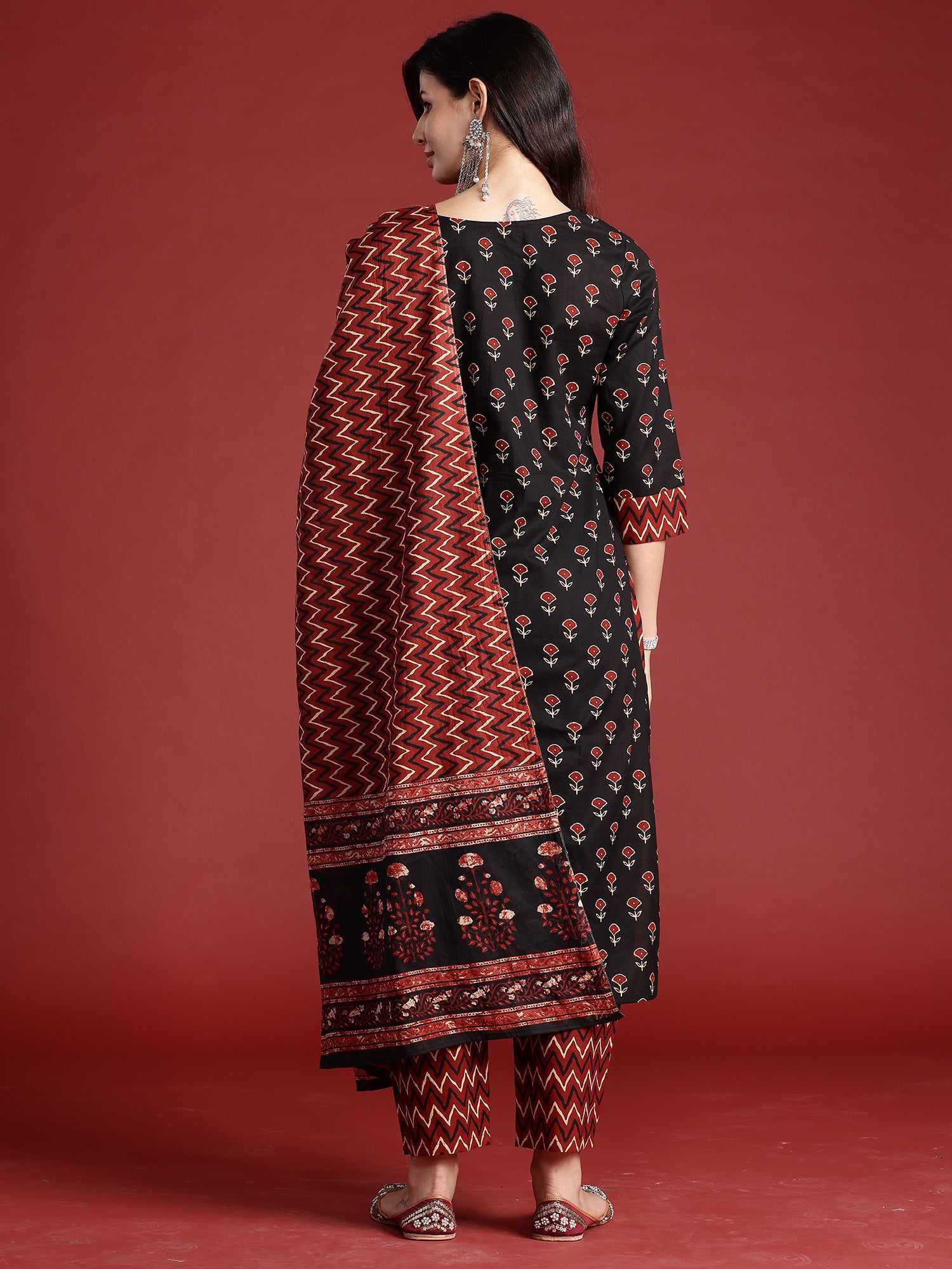 Indo Era Black Printed Straight Kurta Trousers With Dupatta set - Distacart