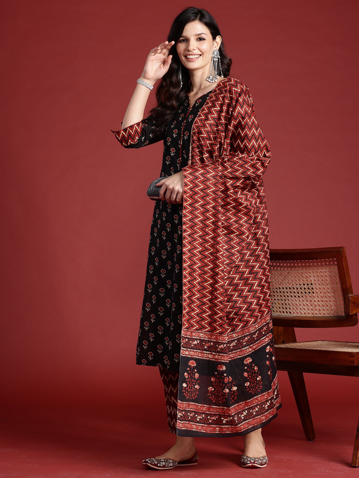 Indo Era Black Printed Straight Kurta Trousers With Dupatta set - Distacart