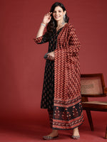 Thumbnail for Indo Era Black Printed Straight Kurta Trousers With Dupatta set - Distacart