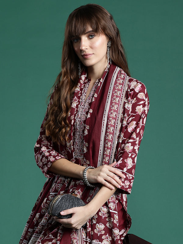 Indo Era Maroon Printed Straight Kurta Trousers With Dupatta set - Distacart