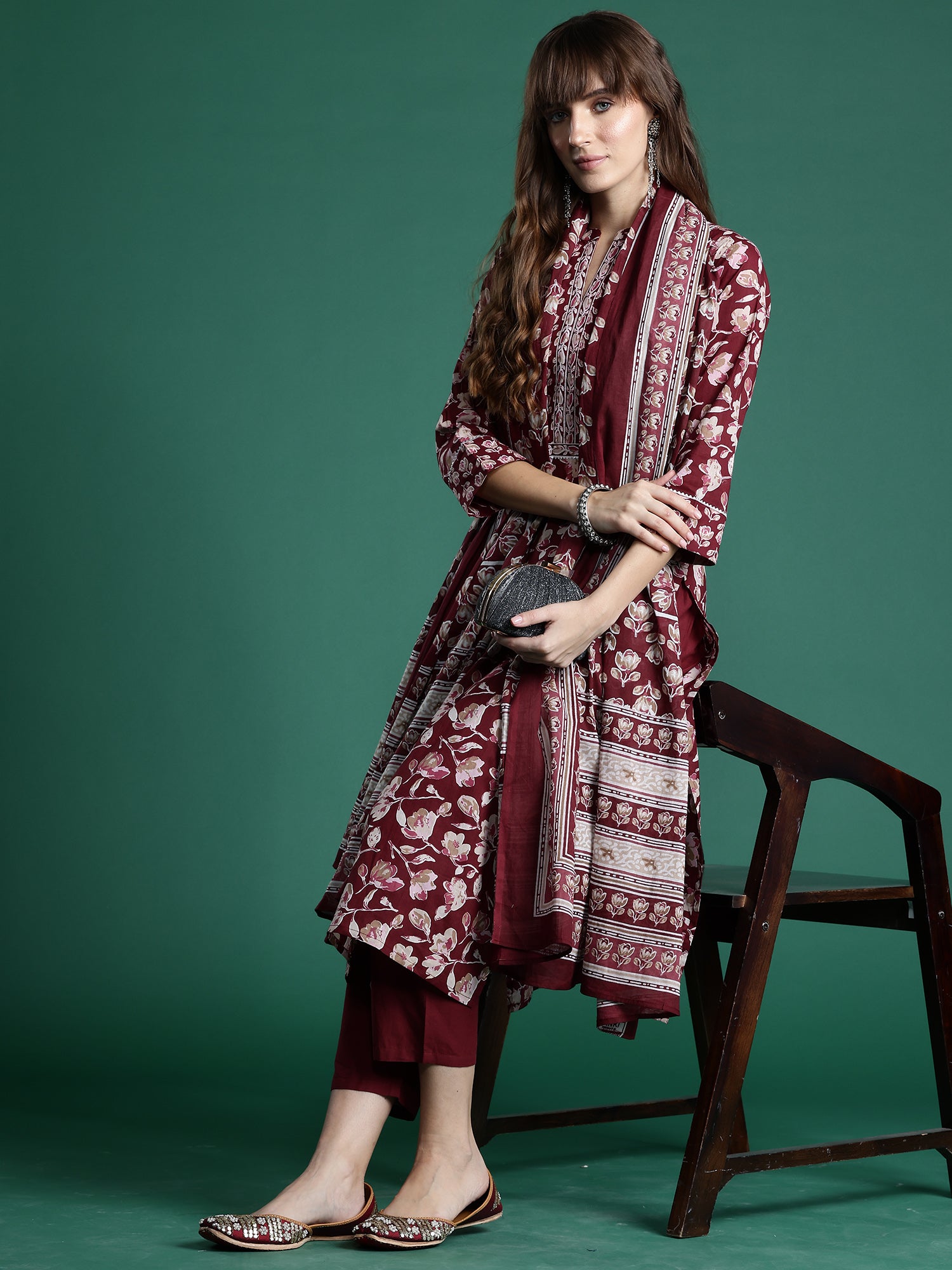 Indo Era Maroon Printed Straight Kurta Trousers With Dupatta set - Distacart