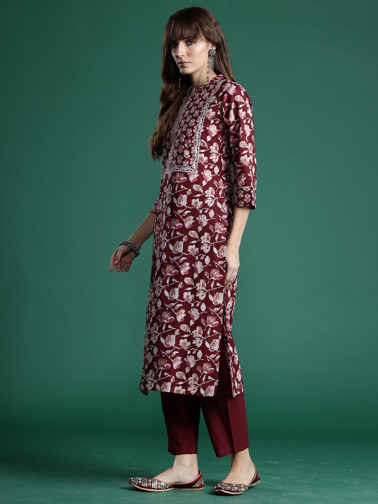 Indo Era Maroon Printed Straight Kurta Trousers With Dupatta set - Distacart