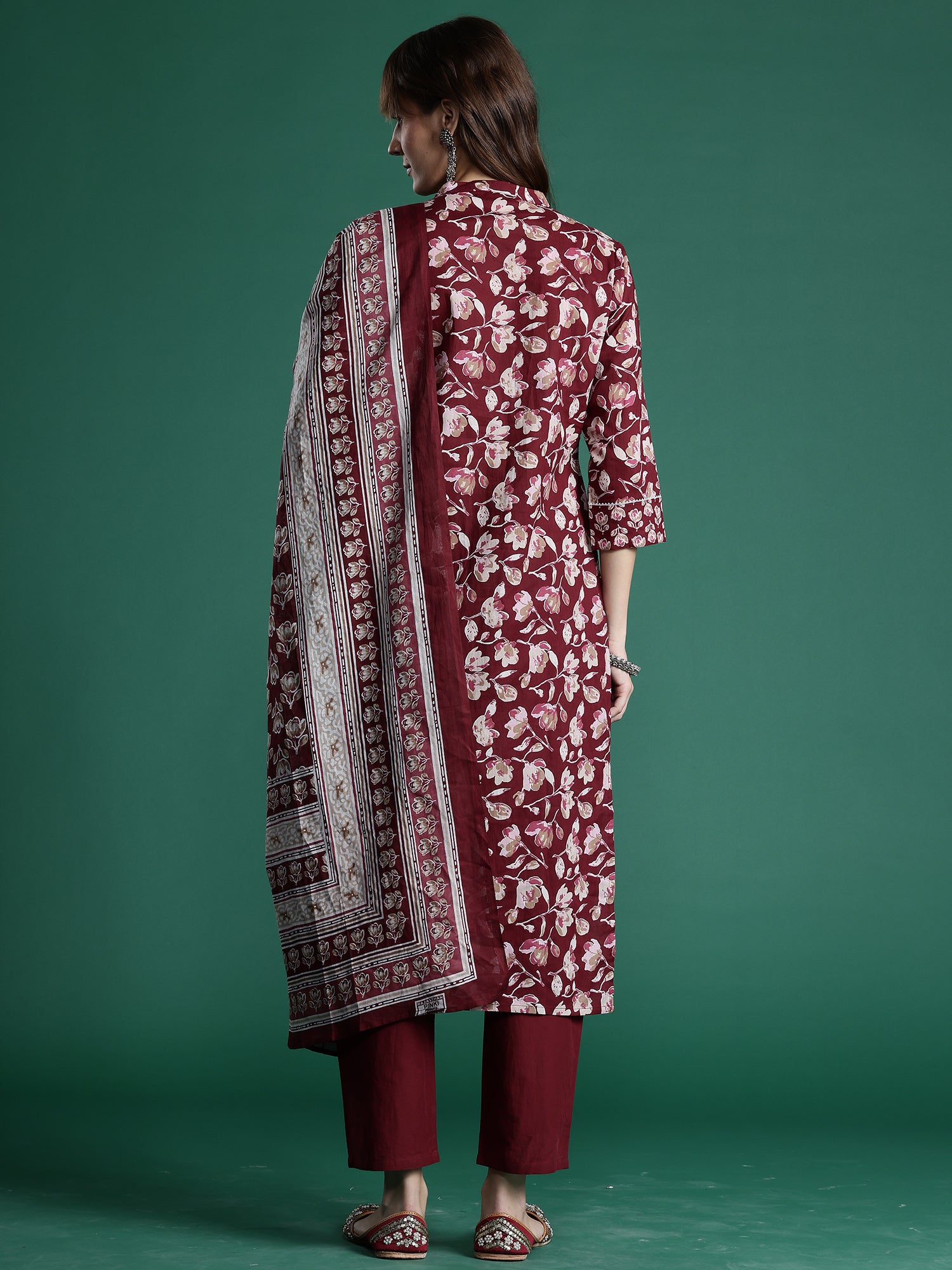 Indo Era Maroon Printed Straight Kurta Trousers With Dupatta set - Distacart