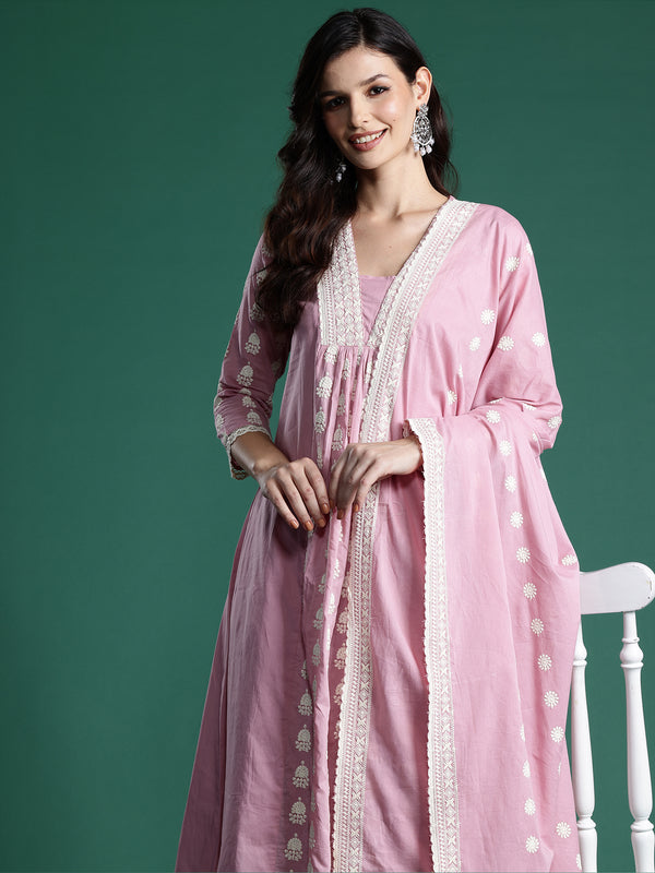 Indo Era Pink Embroidered A-Line Kurta Trousers With Dupatta set - Distacart