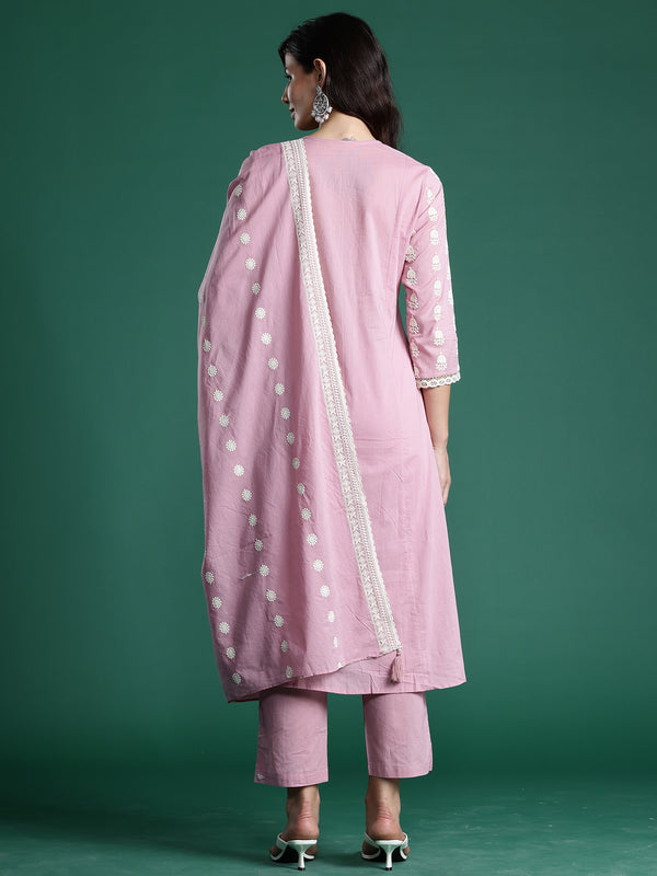 Indo Era Pink Embroidered A-Line Kurta Trousers With Dupatta set - Distacart