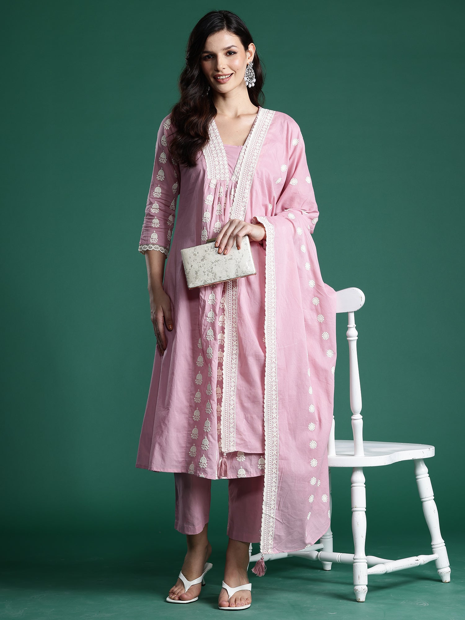 Indo Era Pink Embroidered A-Line Kurta Trousers With Dupatta set - Distacart