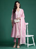 Thumbnail for Indo Era Pink Embroidered A-Line Kurta Trousers With Dupatta set - Distacart