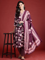 Thumbnail for Indo Era Burgundy Printed Straight Kurta Trousers With Dupatta set - Distacart