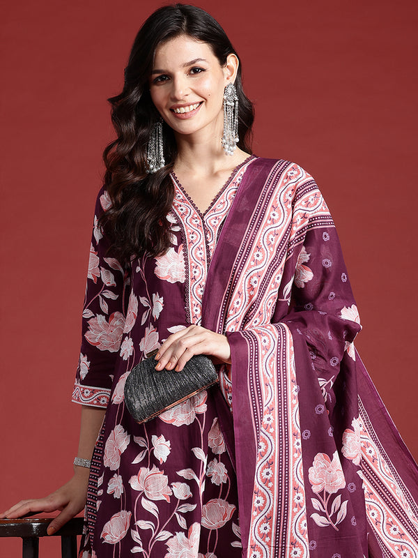 Indo Era Burgundy Printed Straight Kurta Trousers With Dupatta set - Distacart