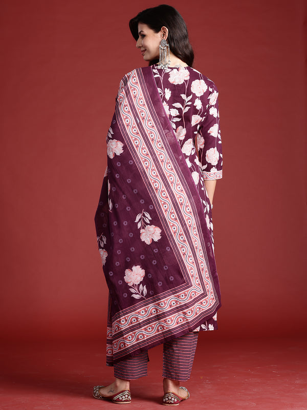 Indo Era Burgundy Printed Straight Kurta Trousers With Dupatta set - Distacart