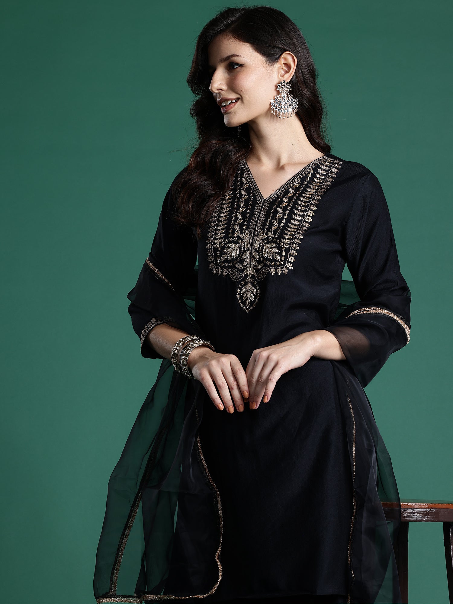 Indo Era Black Embroidered Straight Kurta Sharara With Dupatta Set - Distacart