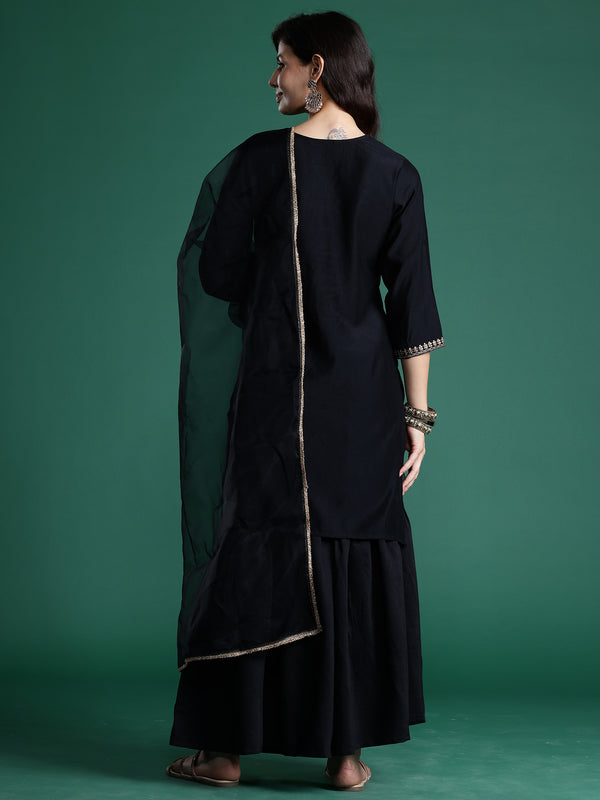 Indo Era Black Embroidered Straight Kurta Sharara With Dupatta Set - Distacart