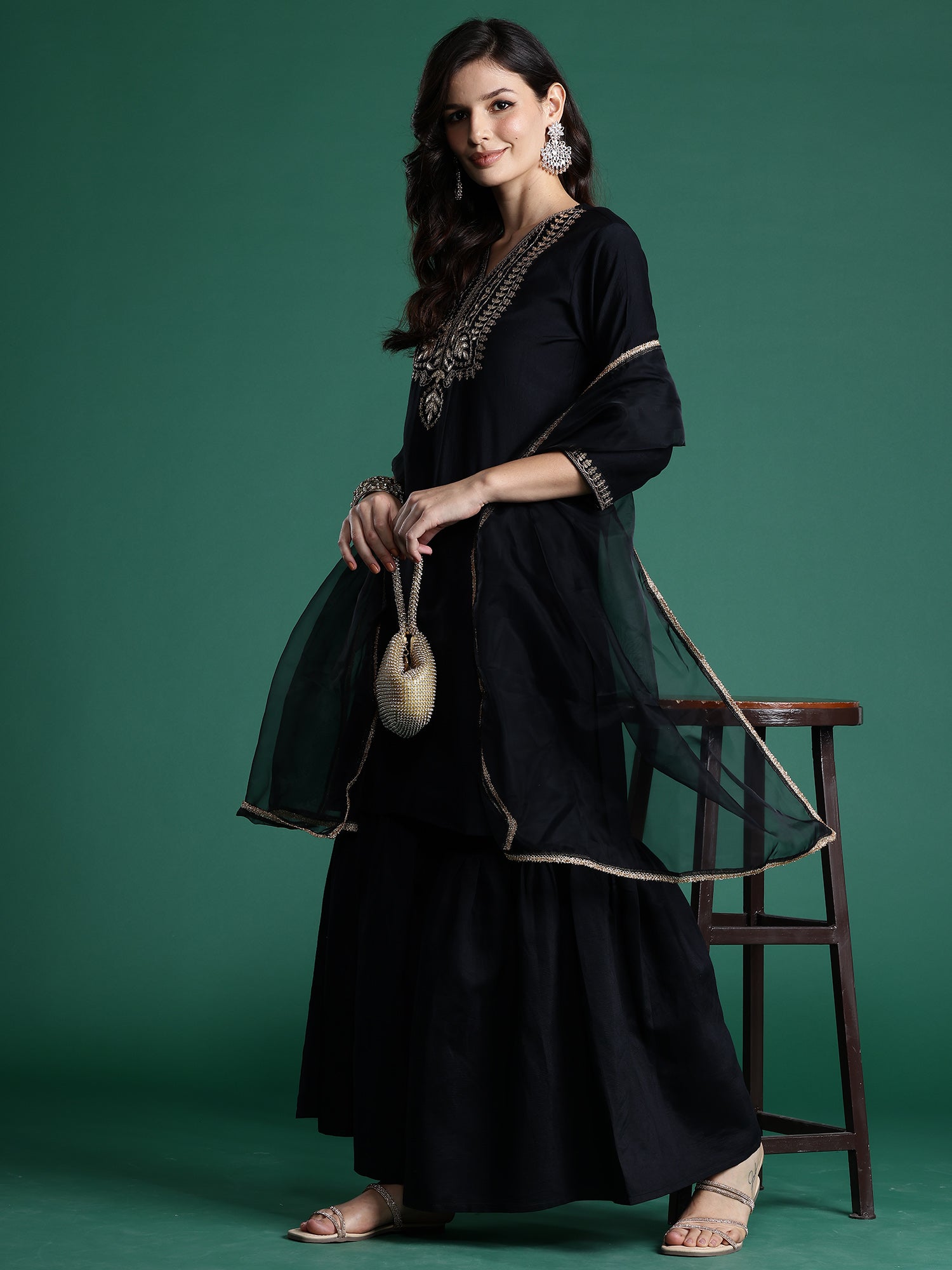 Indo Era Black Embroidered Straight Kurta Sharara With Dupatta Set - Distacart