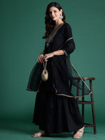Thumbnail for Indo Era Black Embroidered Straight Kurta Sharara With Dupatta Set - Distacart