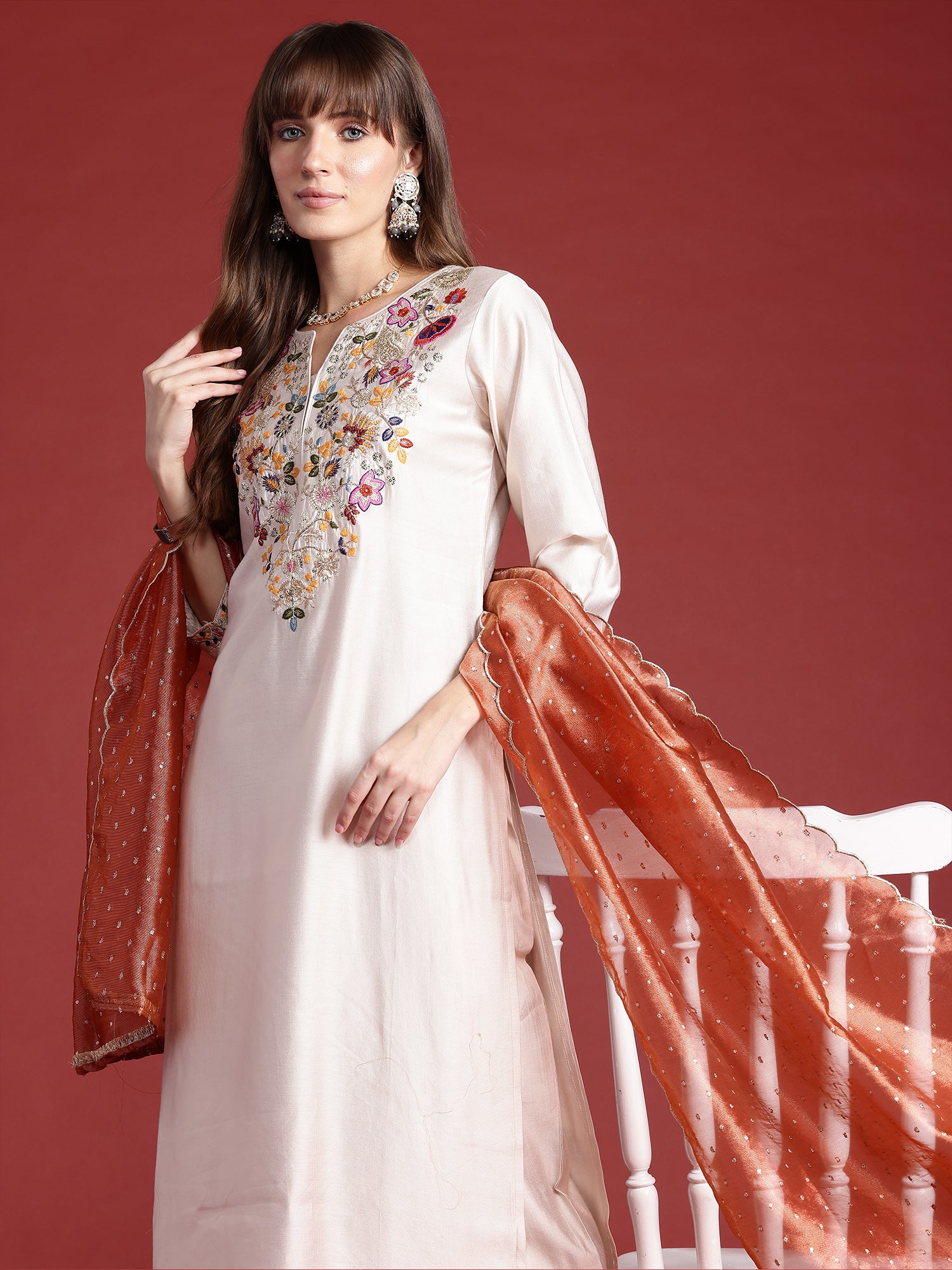 Indo Era Off White Embroidered Straight Kurta Trousers With Dupatta Set - Distacart