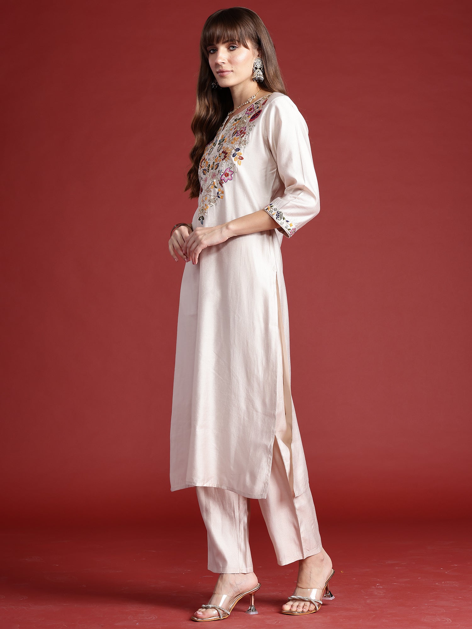 Indo Era Off White Embroidered Straight Kurta Trousers With Dupatta Set - Distacart