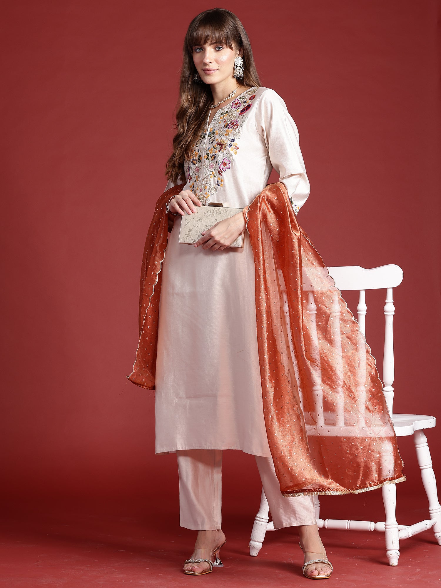 Indo Era Off White Embroidered Straight Kurta Trousers With Dupatta Set - Distacart