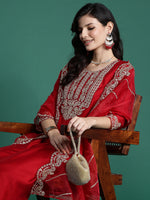 Thumbnail for Indo Era Red Embroidered Straight Kurta Trousers With Dupatta set - Distacart