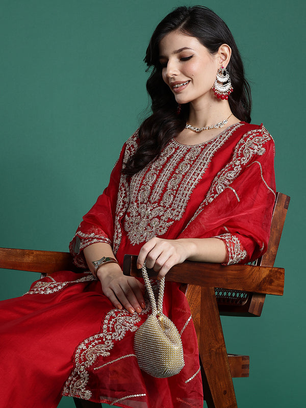 Indo Era Red Embroidered Straight Kurta Trousers With Dupatta set - Distacart