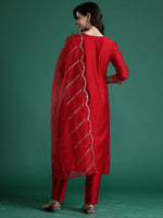 Thumbnail for Indo Era Red Embroidered Straight Kurta Trousers With Dupatta set - Distacart