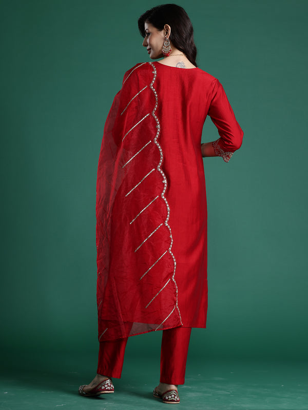 Indo Era Red Embroidered Straight Kurta Trousers With Dupatta set - Distacart