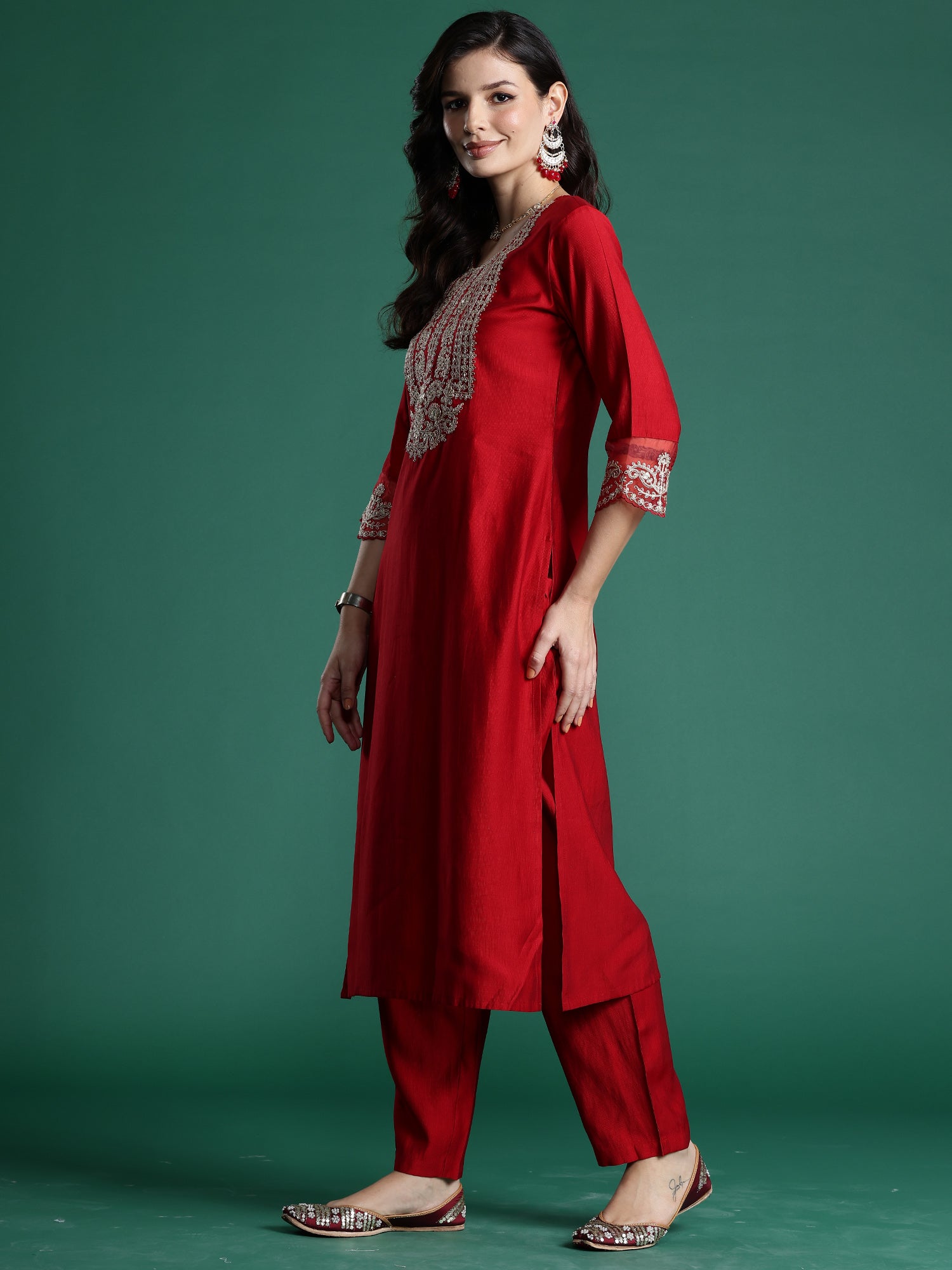 Indo Era Red Embroidered Straight Kurta Trousers With Dupatta set - Distacart
